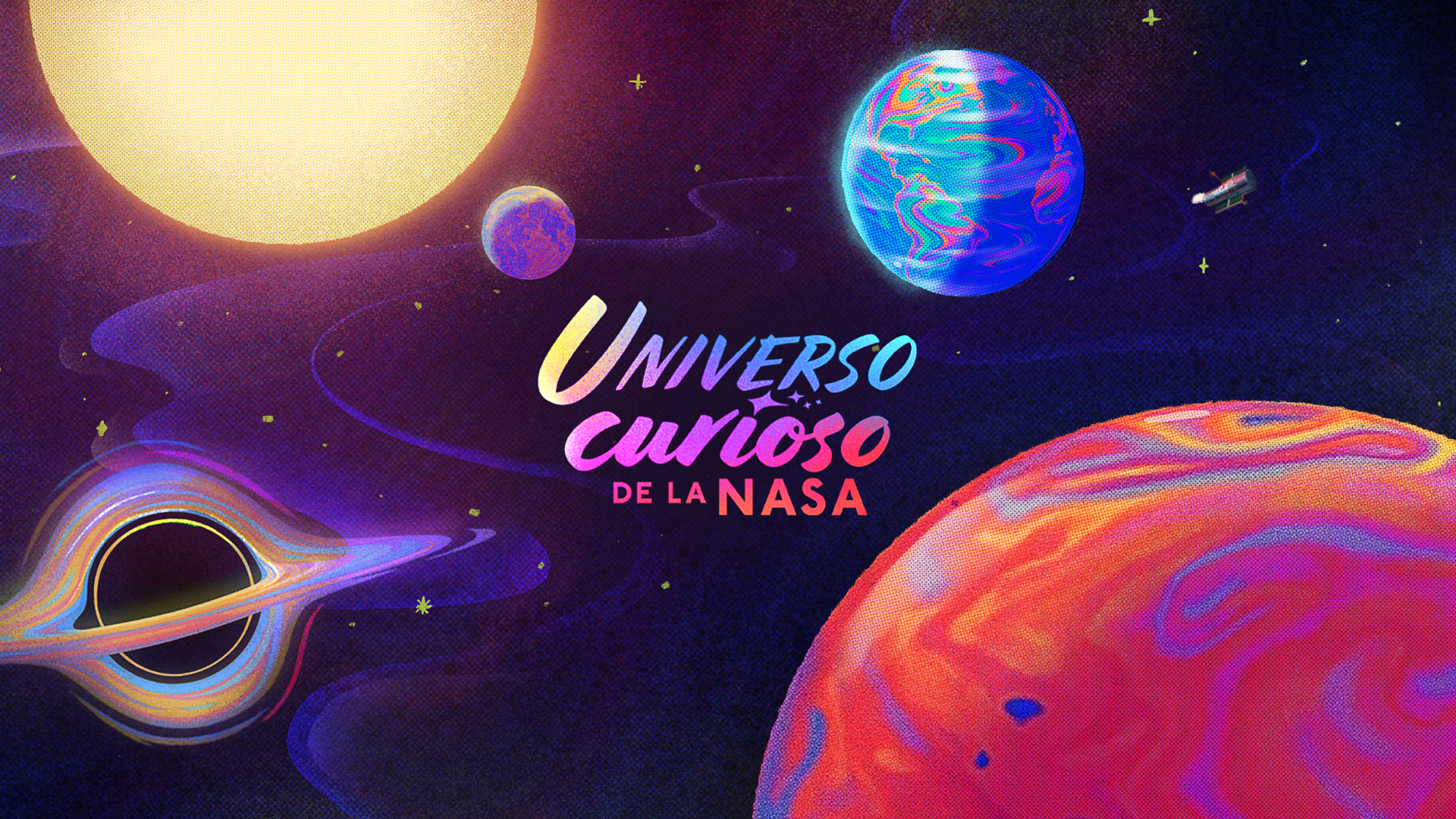 Illustration showing colorful, stylized space elements like a black hole, planets, and the Sun. Magentas, purples, blues, and yellows dominate the image. Credit: NASA