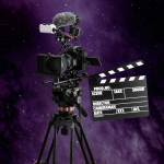 A video camera on a tripod and a clapperboard.