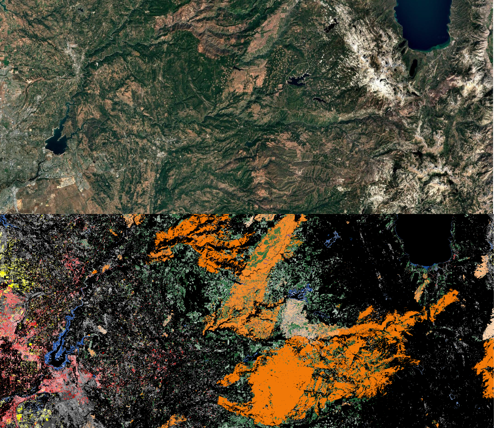 Two images stacked on top of each other of the same satellite image of a mountain range. The top is true color, with valleys in dark green, some hillsides in tan, and a few peaks white with snow. The bottom image is false-color, where much of the center is bright orange with speckles of green, with swaths of black on either side.