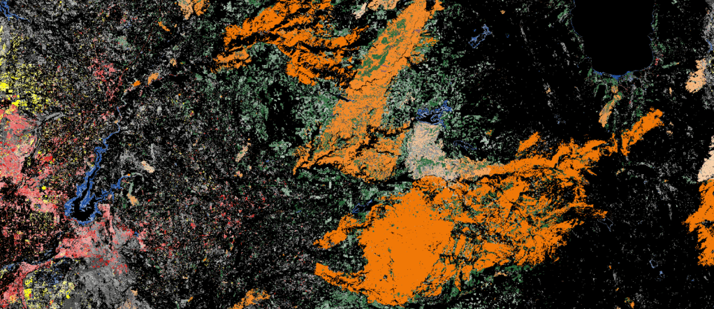 A false color satellite image of a mountain range, where much of the center is bright orange with speckles of green, with swaths of black on either side.