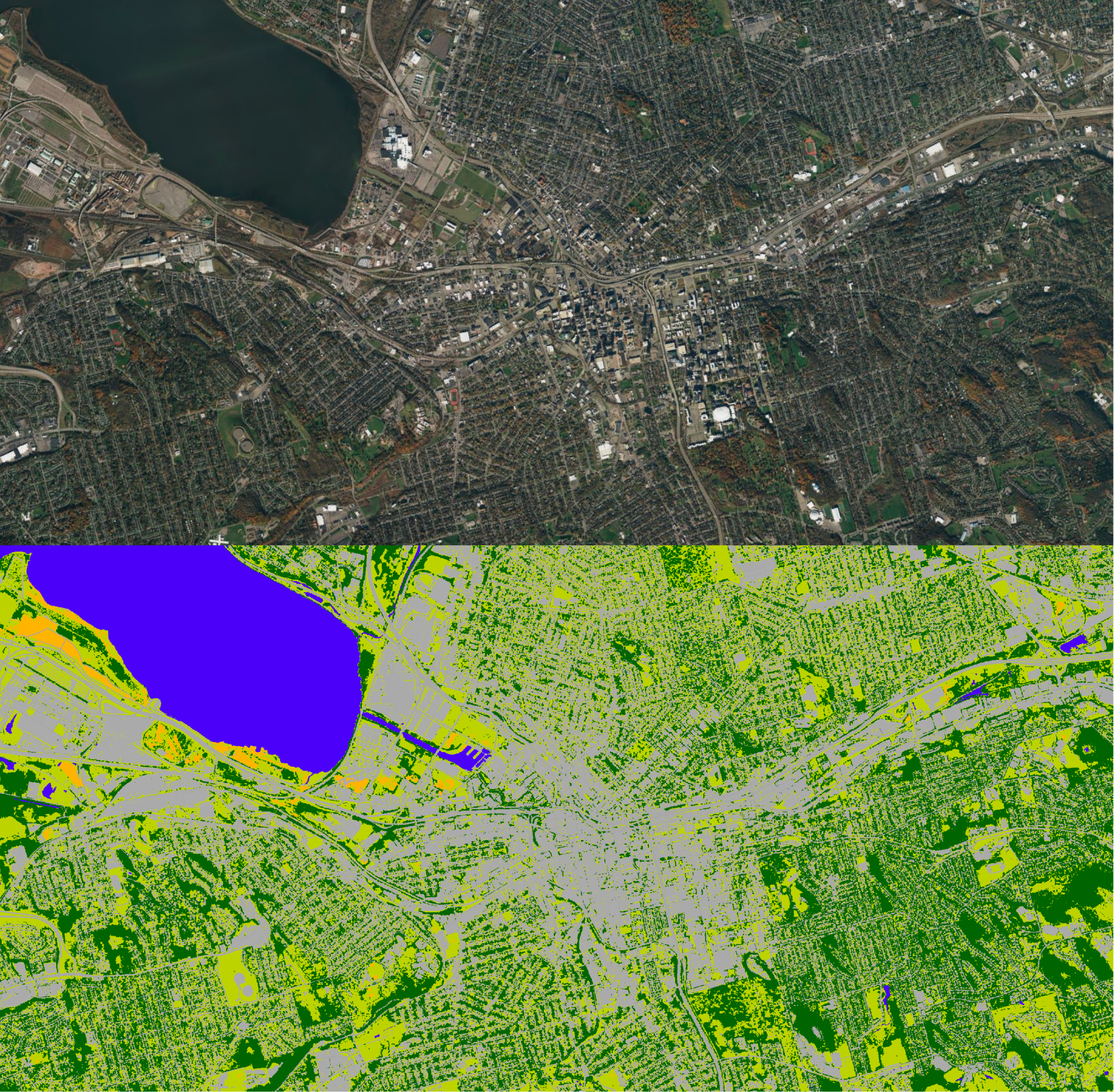 Two images stacked on top of each other of the same satellite image, with a lake in the top left corner. The top is true color, in muted shades of green, brown and gray. The bottom is a false-color image with a the lake in bright blue, and the rest in shades of bright green.