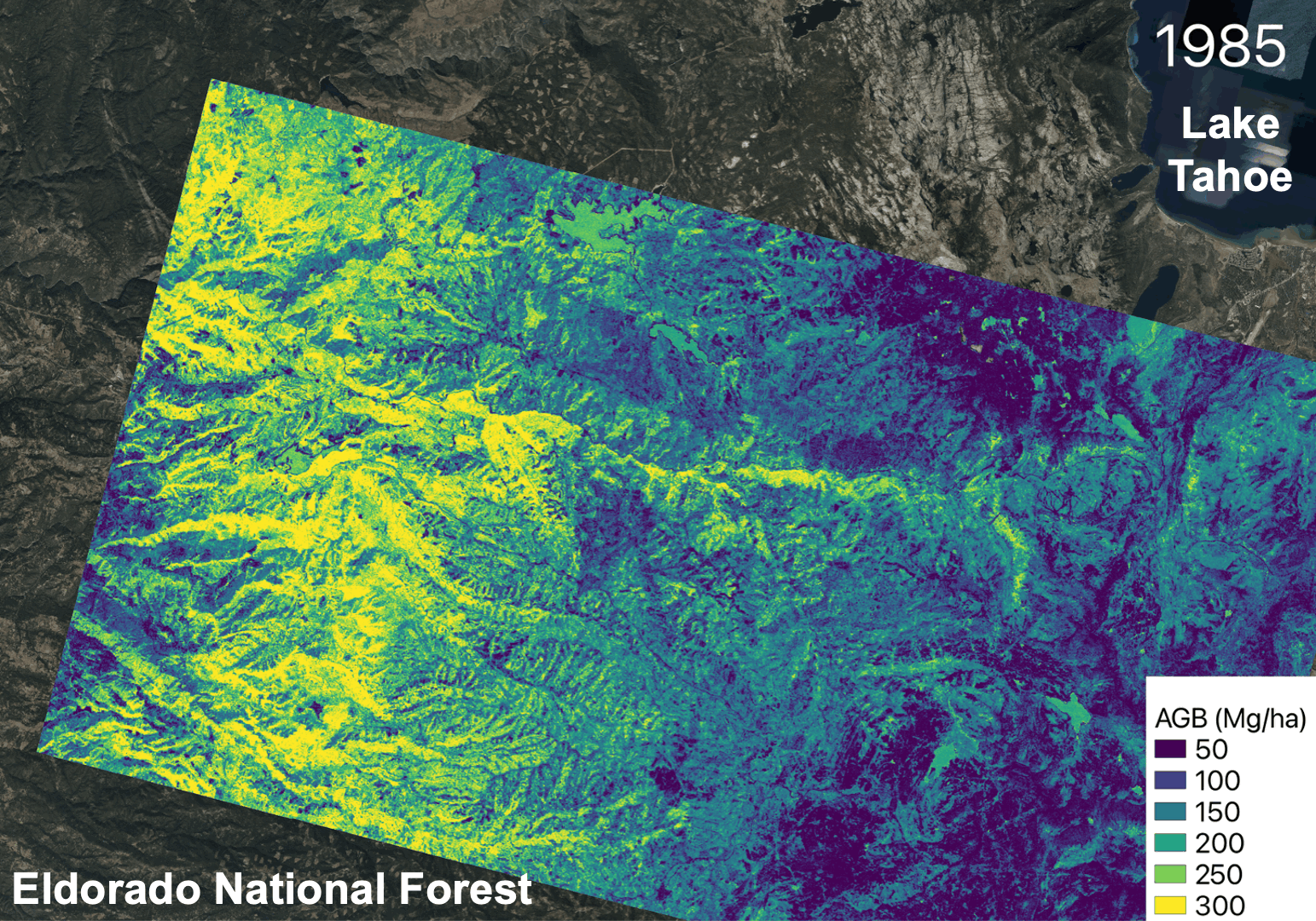 A GIF of the change over time for a mountainous area, as seen via satellite. Most of the image is cut by a rectangle of false-color, in a gradient from dark purple through blue, green, and into bright yellow.