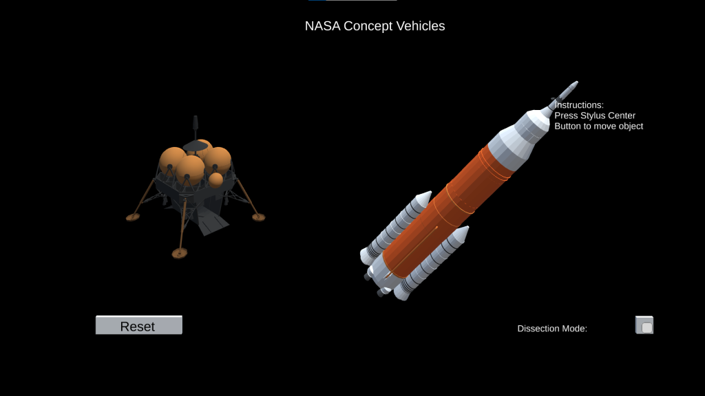 A 3D rendering shows a white rocket and grey cubical vehicle floating in a pitch black background.