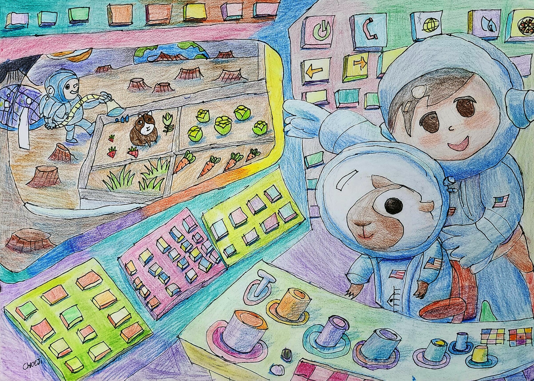 Inside a habitat of some kind, a young person and their companion rodent, both in spacesuits, appear to be looking out of a window. Outside, on a planet that is presumably Mars, another person in a spacesuit appears to be watering a small garden. There is an animal — probably a cat — in the garden.