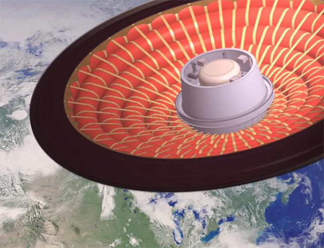 An artist's depiction of an inflatable aeroshell deployed
