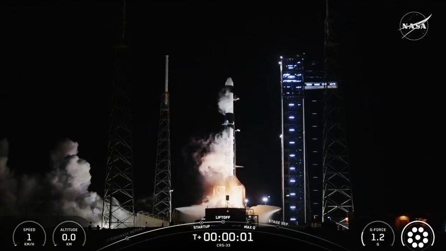 The SpaceX Falcon 9 rocket with Dragon atop launches on time from Cape Canaveral Space Force Station in Florida.
