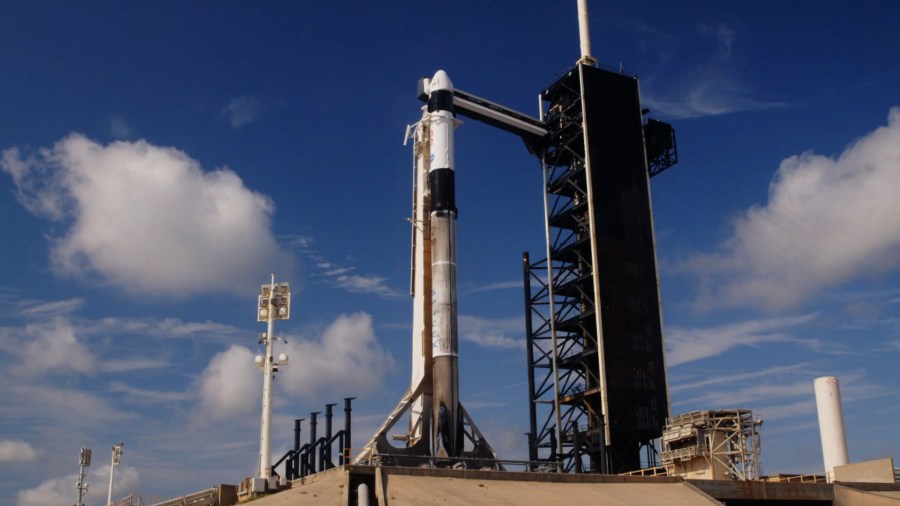 A SpaceX Falcon 9 rocket with the company’s Dragon spacecraft on top stands vertical on the launch pad at Launch Complex 39A at Kennedy Space Center in Florida on Friday, Aug. 1, 2025, ahead of NASA’s SpaceX Crew-11 launch.