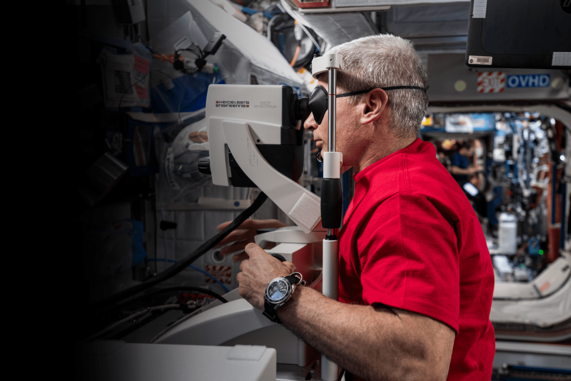 NASA astronaut Mark Vande Hei gets his eyes checked aboard the International Space Station in May 2021.