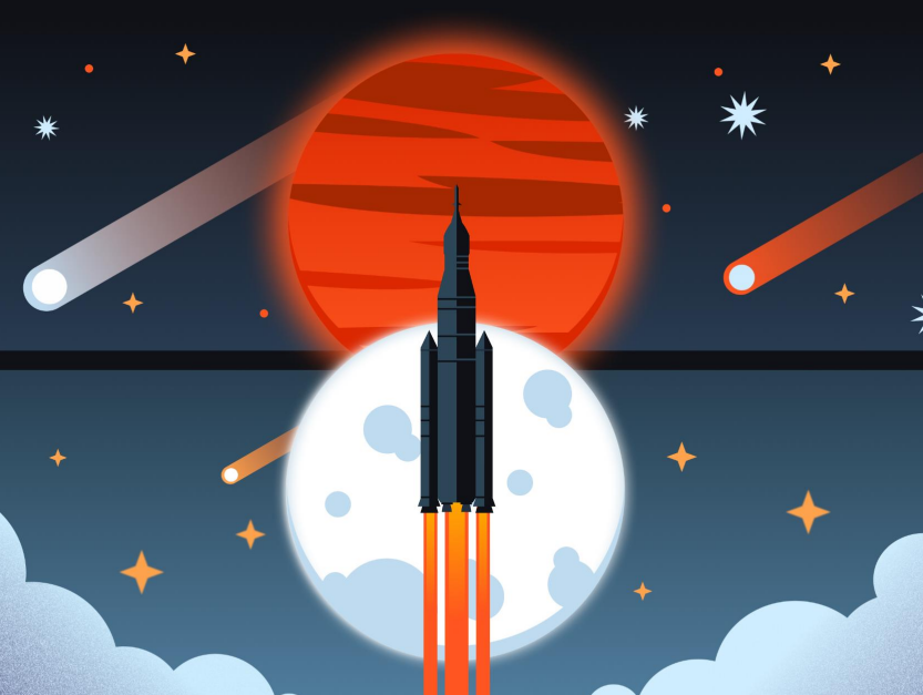 IWS Logo. A flying rocket with the moon, Mars, and a meteor shower in the background.