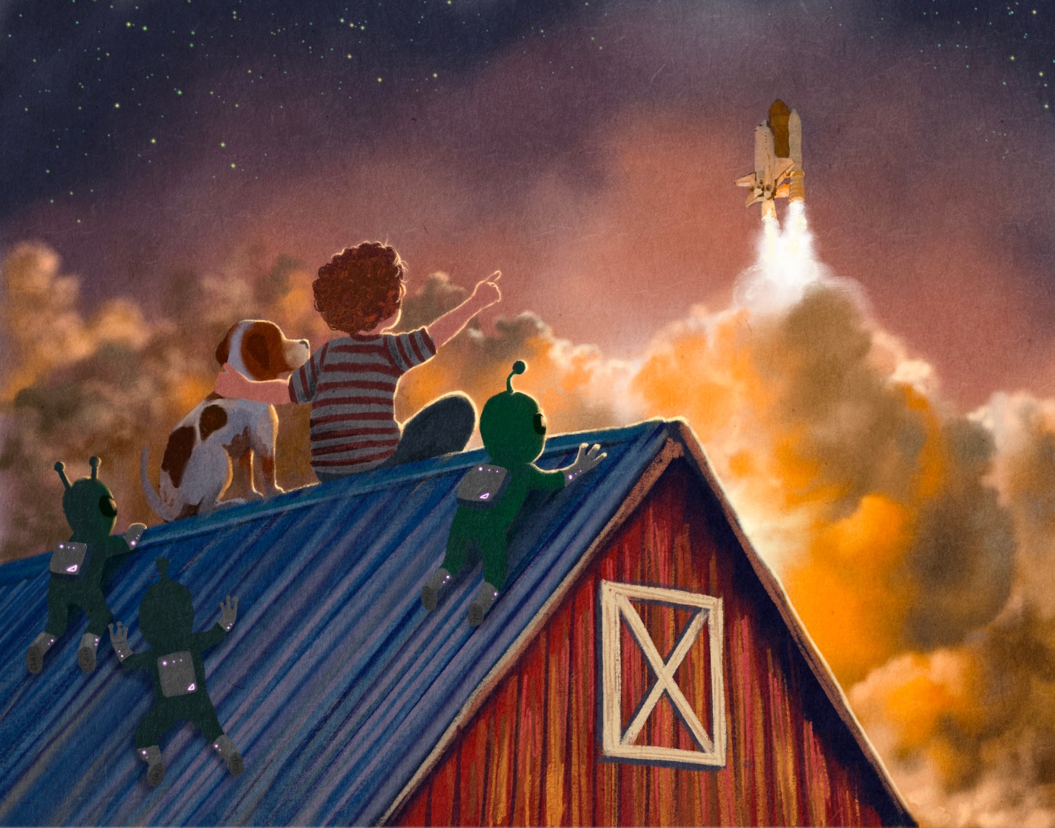 A child seated on the roof of a barn, their arm draped around a dog, watching a space shuttle blast off in the distance. The two are joined by three extraterrestrial beings that also watch in awe.