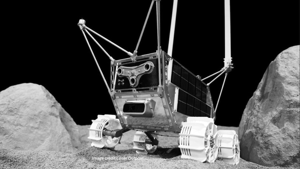 Image of an artists rendition of the lunar rover by Lunar Outpost, MIT, and NASA Ames. The rover includes the FIG instrument RGB depth sensor that was integrated onto IM-2 lander. The novel contribution of this instrument is to take the first depth images on the moon.