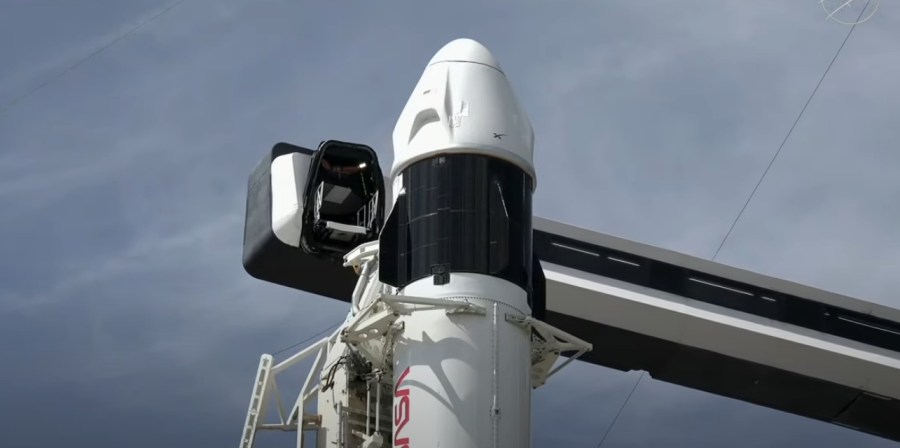 A SpaceX Falcon 9 rocket with the company’s Dragon spacecraft on top stands vertical on the launch pad at Launch Complex 39A at Kennedy Space Center in Florida on Friday, Aug. 1, 2025, ahead of NASA’s SpaceX Crew-11 launch.