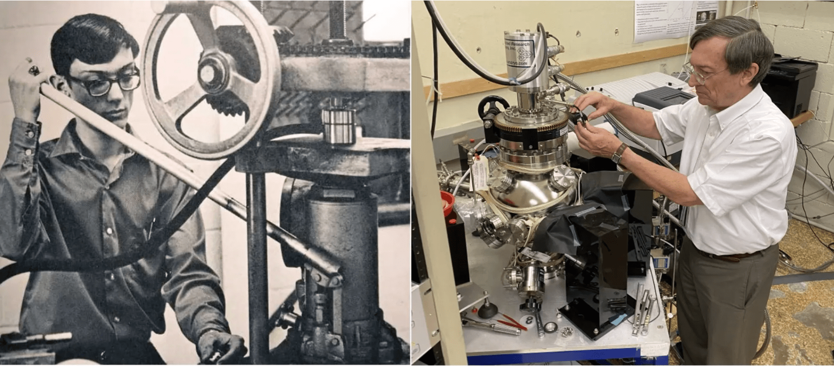 Reggie Hudson preparing for infrared experiments in 1974 (left) and 2024 (right).