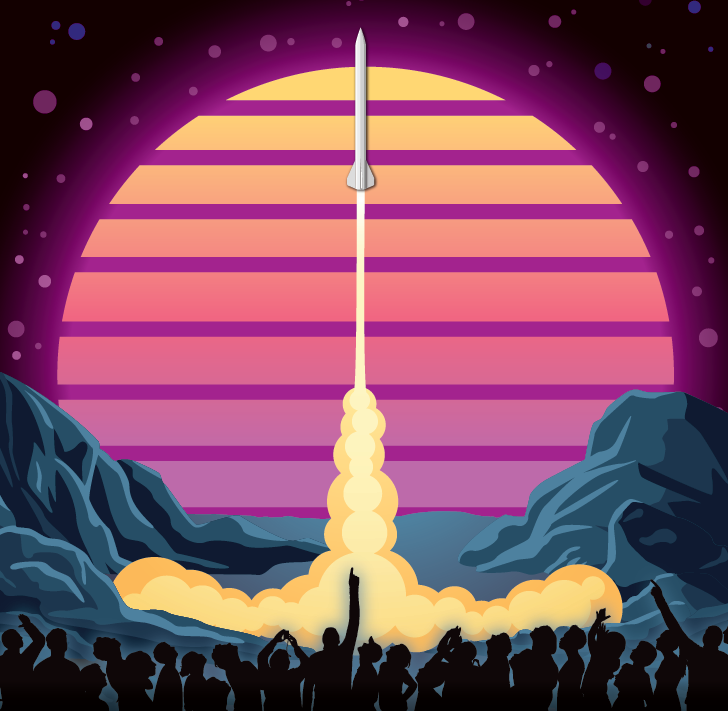 Artist rendition of a rocket launching into space with silhouettes of people looking up