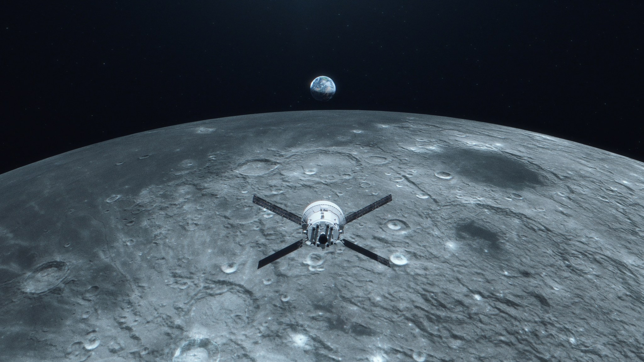In space. A rendering of the Orion orbiting vehicle, solar arrays outstretched, orbiting above the lunar surface. In the background, we can see Earth, very small.