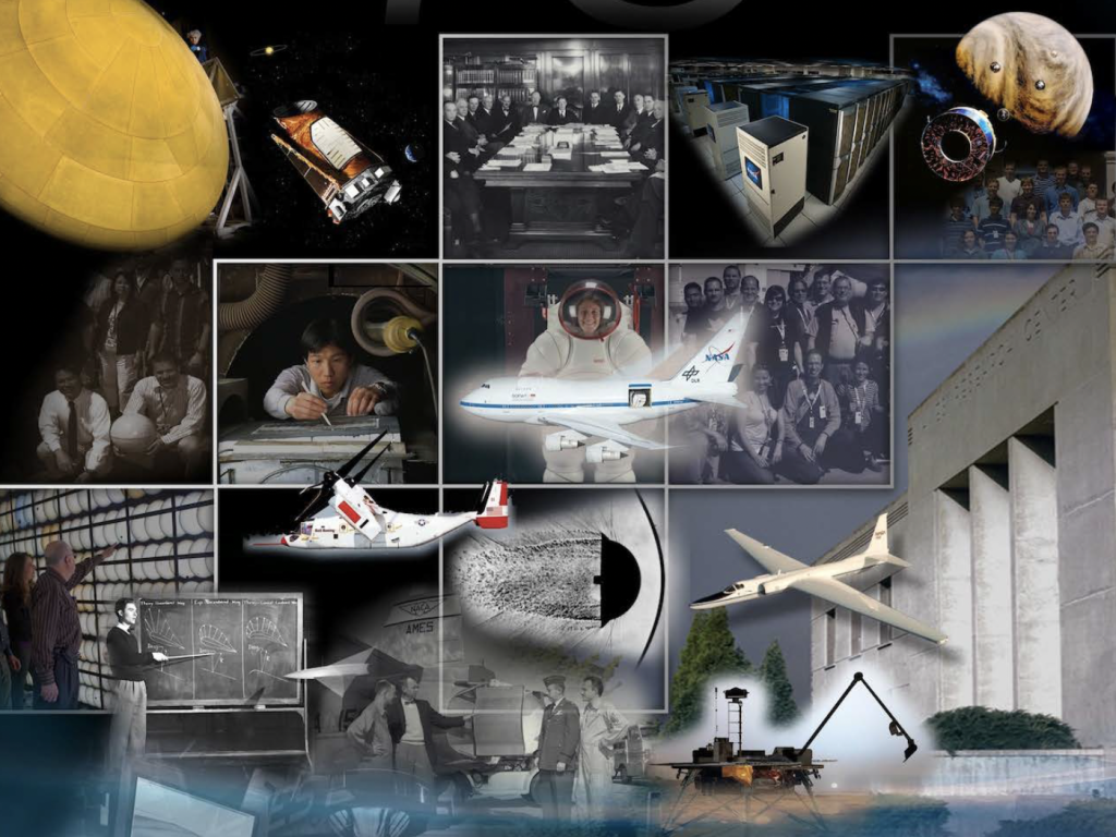 A photo montage of various images from NASA Ames spanning 75 years.