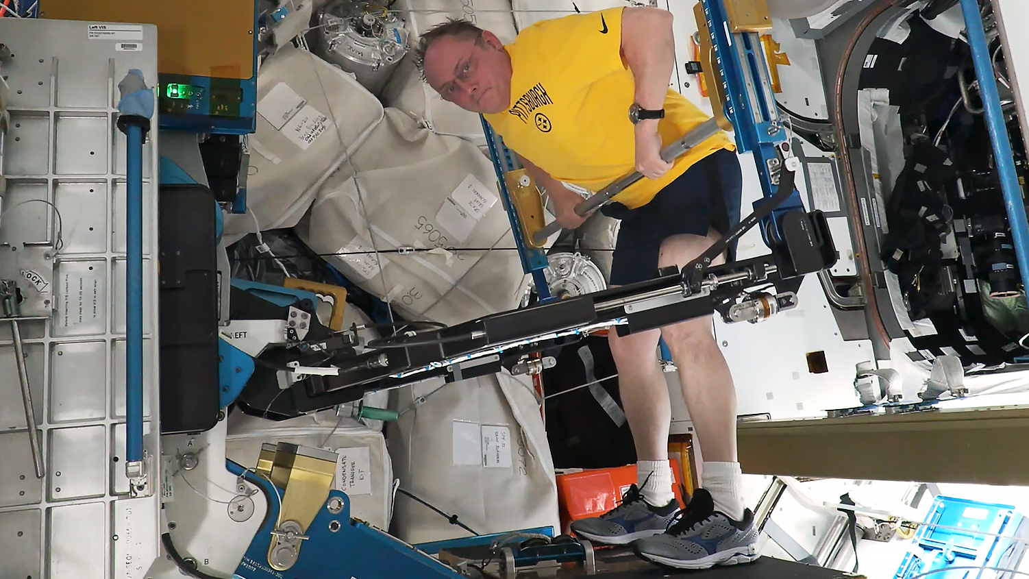 NASA astronaut Mike Fincke works out on the International Space Station's advanced resistive exercise device that mimics free wights in Earth’s gravity and has the capability to work out all major muscle groups.