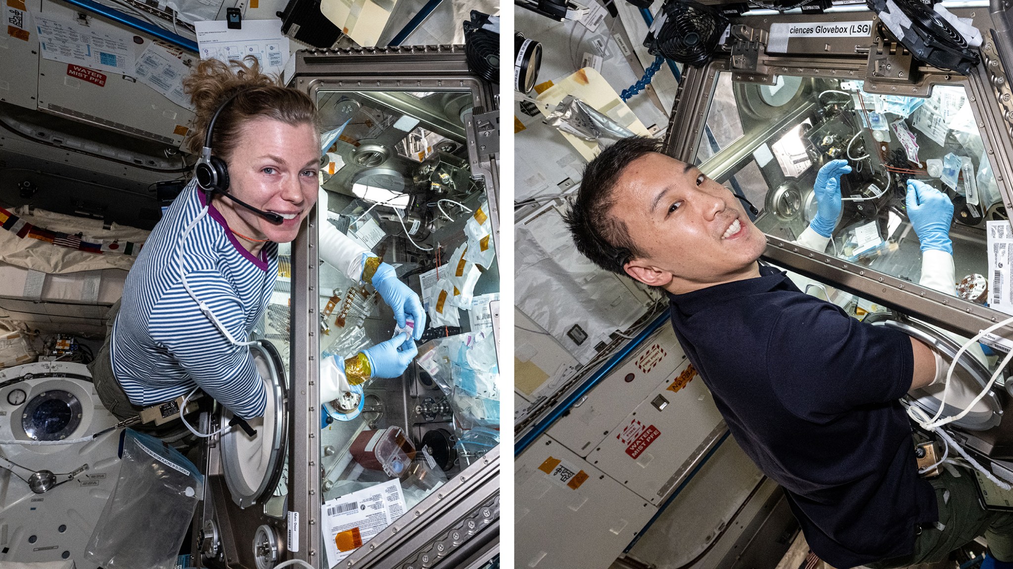 NASA astronauts Zena Cardman and Jonny Kim are pictured working in the Kibo laboratory module's Life Science Glovebox processing bone stem cell samples to understand space-caused bone loss.