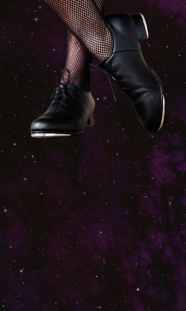 Black clogging dance shoes on a purple galaxy background.