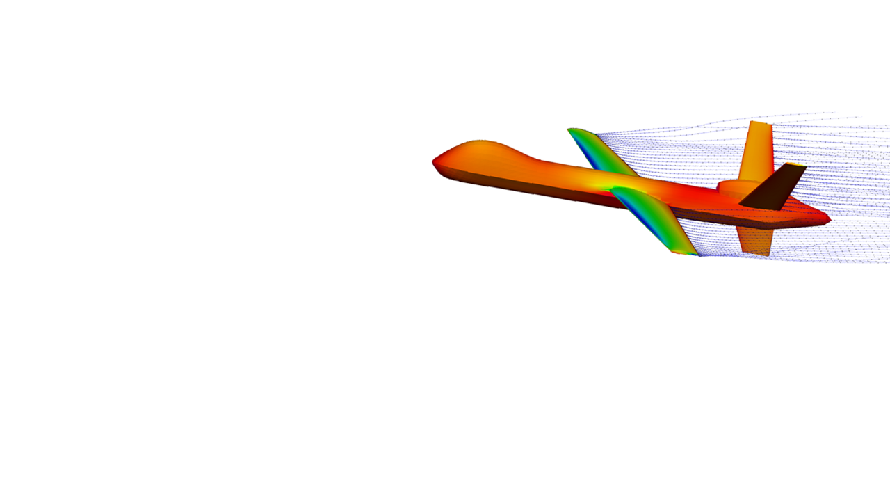 An aircraft model depicting colored pressure surfaces in flight.