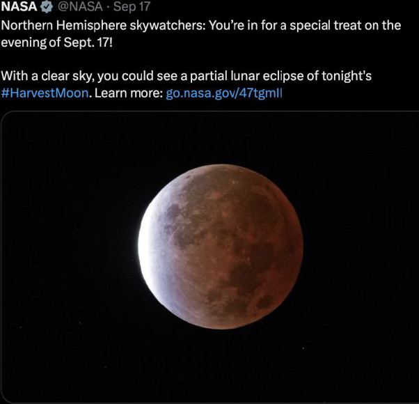 Screenshot of NASA X account showing a partial lunar eclipse.