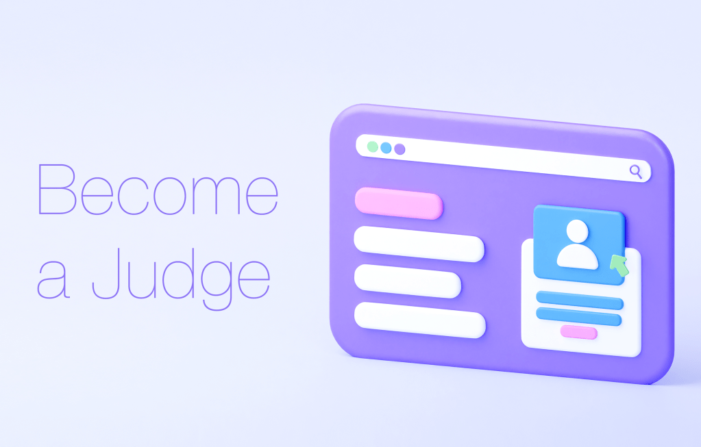 Become a mentor or judge graphic showing a 3D screen with a person icon.