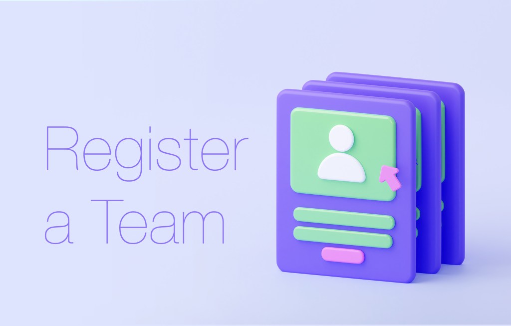 Register a Team graphic showing 3D cards with a person icon.