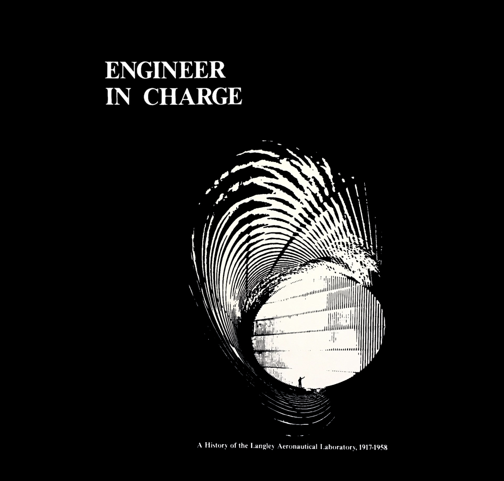 Line art of the Langley Wind tunnel on a black background.