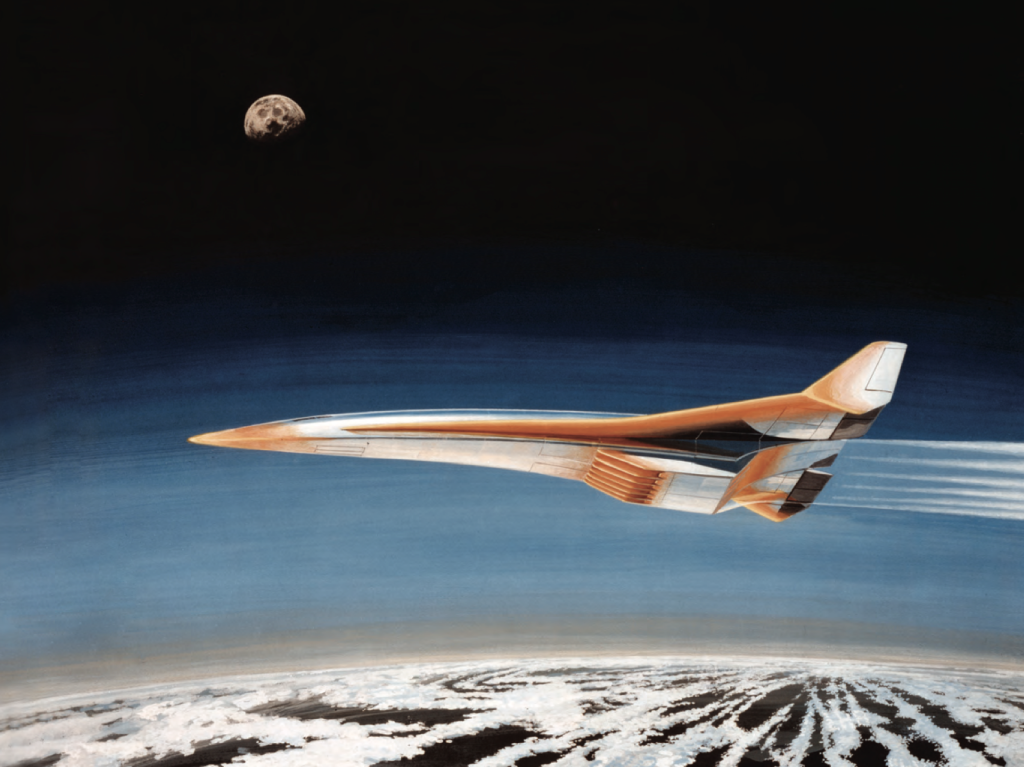 Artist illustration of a hypersonic vehicle in flight high in the earth's atmosphere.