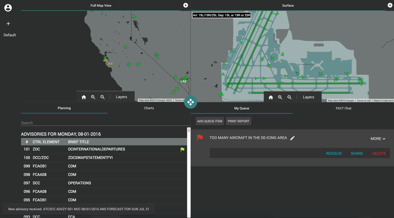 A screenshot of the NASA FACT software tool, designed to improve airport operations during episodes of severe winter weather.