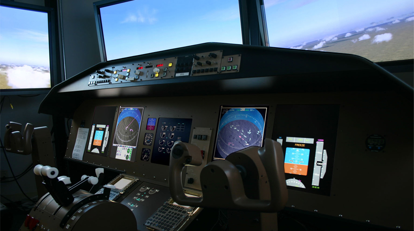 The Flight Deck Display Research Laboratory's Cockpit Situation Display (CSD), a simulator modeled after the Boeing 777.