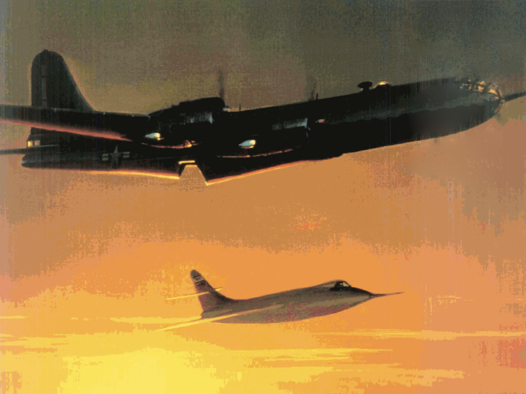Painting of two aircraft flying at dawn, silhouetted against a vibrant sky transitioning from yellow to a deep orange above.