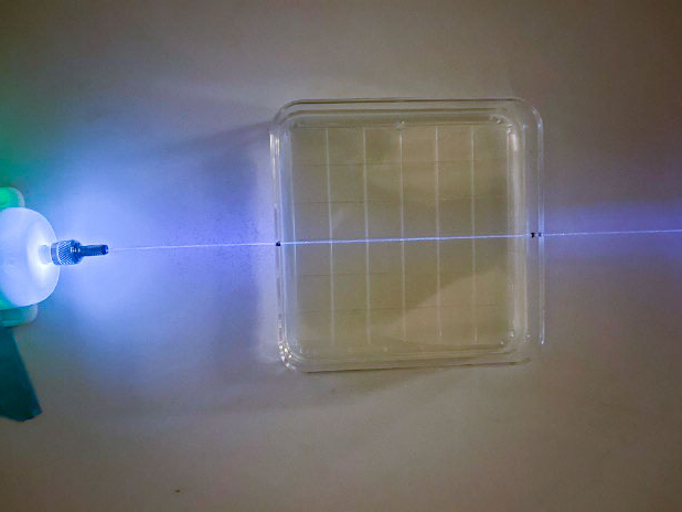 A thin optical fiber emerges from a nozzle and extends through the center of a clear, rectangular agar plate that is marked with a series of lines. The fiber is glowing with blue Ultraviolet light.