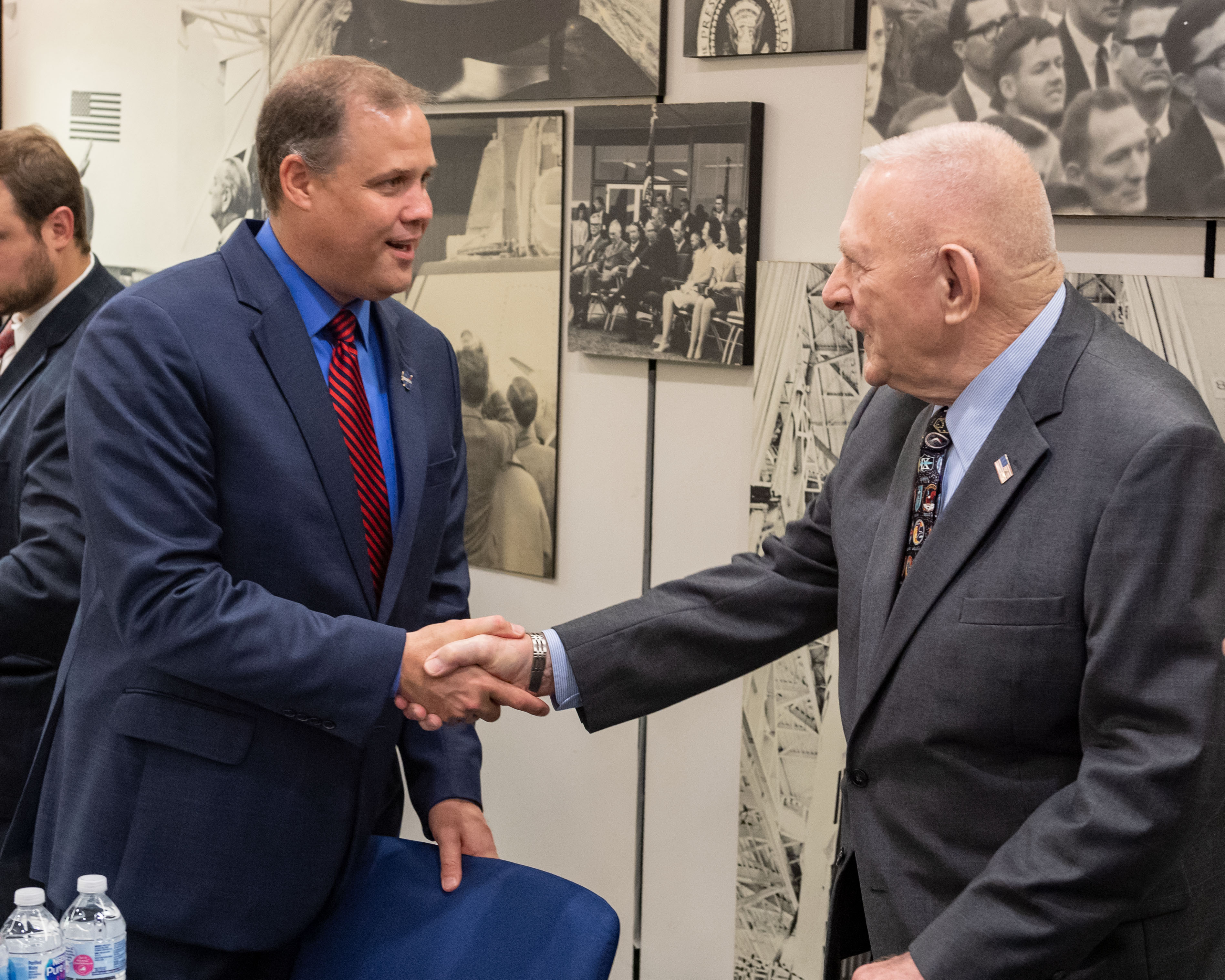NASA Administrator Jim Bridenstine greets Apollo Flight Director Gene Kranz prior to the Apollo Mission Control Center (MCC) Grand Opening ceremony at the Teague Auditorium.