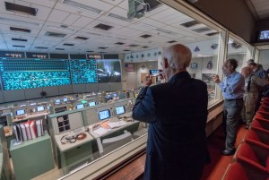 Visitors in the viewing room for Ribbon Cutting Ceremony for the Apollo MOCR restoration