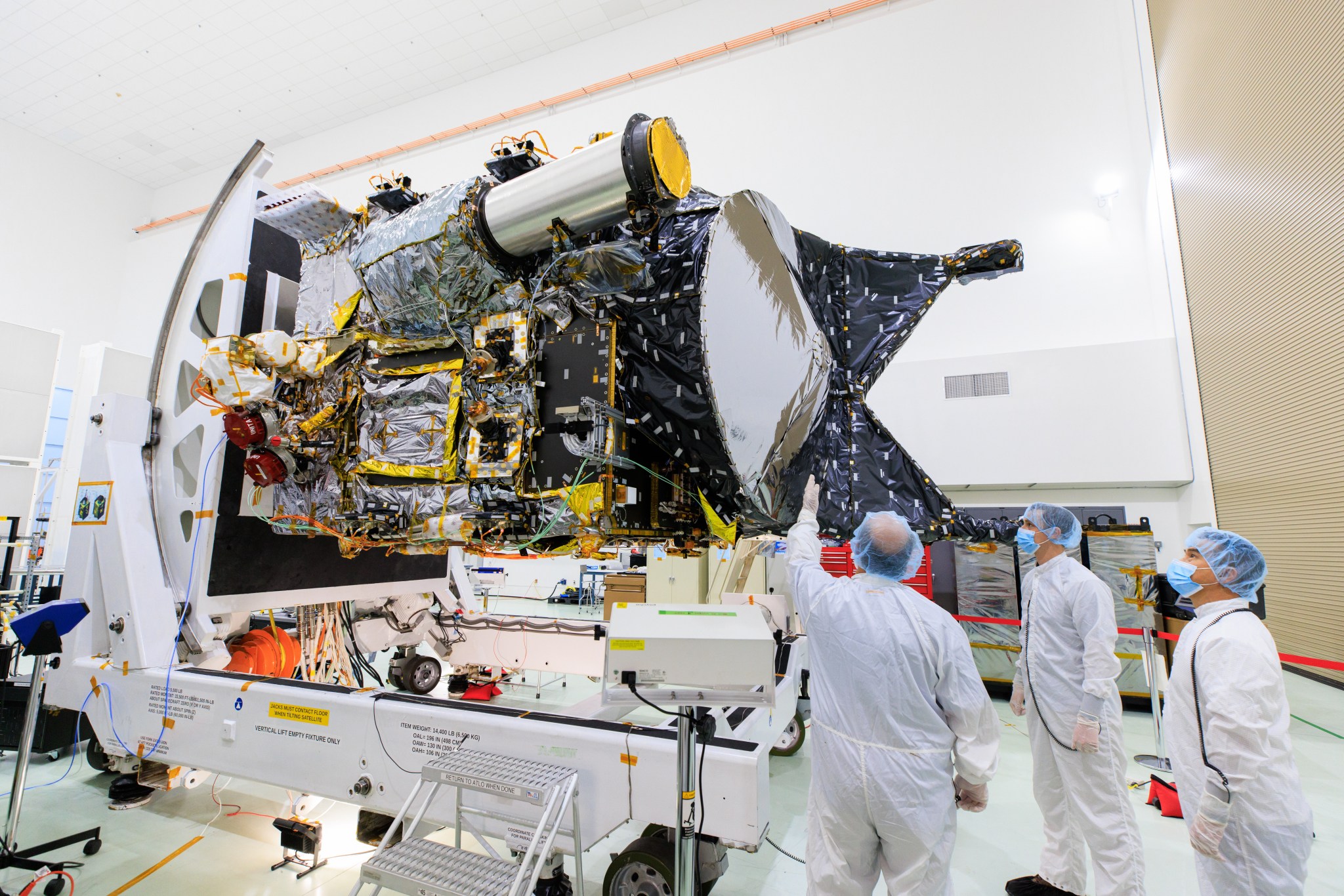 NASA's Psyche spacecraft is shown in a clean room on June 26, 2023, at Astrotech Space Operations Facility near the agency’s Kennedy Space Center in Florida. Engineers and technicians from NASA’s Jet Propulsion Laboratory in Southern California have begun final assembly, test, and launch operations on Psyche, with assembly of the spacecraft all but complete except for the installation of the solar arrays and the imagers. NASA’s Deep Space Optical Communications (DSOC) technology demonstration, testing high-data-rate laser communications, remains integrated into the spacecraft. A final suite of tests will be run on the vehicle, after which it will be fueled and then mated onto a SpaceX Falcon Heavy rocket just prior to launch, targeted for October 2023.