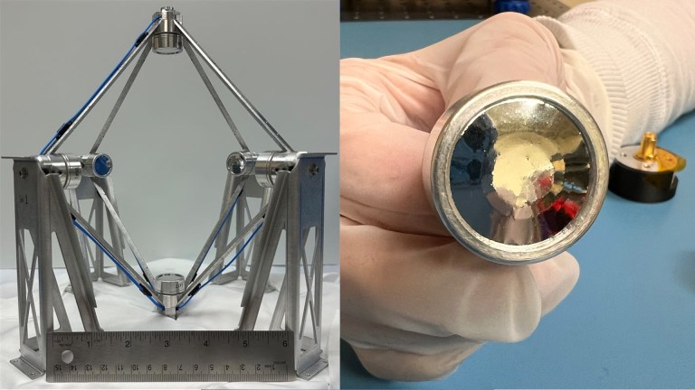 Photo of the Mars Sonic Anemometer instrument, a sonic based instrument using ultrasonic transducers to emit chirps for precise in situ wind measurement, including wind direction, speed and temperature. Achieved validation in chamber environment.