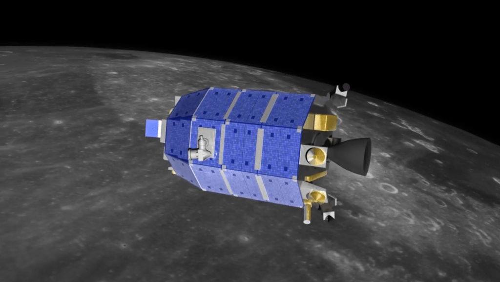 An artist's rendering of a spacecraft against a black sky. The spacecraft is pointing to the left, covered in blue solar panels with its engine and golden mechanical parts visible. The curved surface of the Moon is visible in the background.