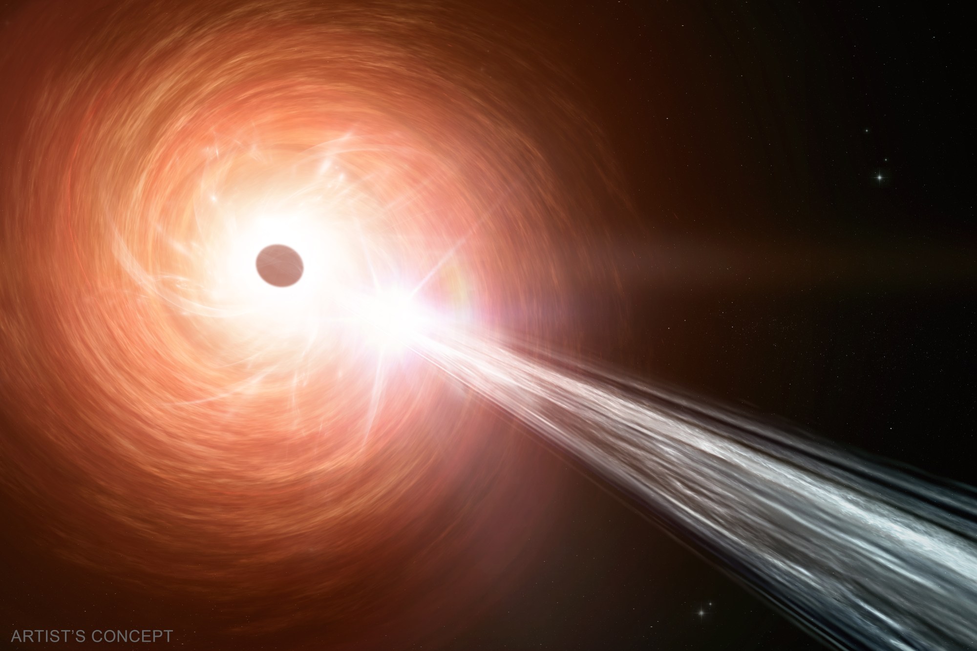 An artist's concept of a supermassive black hole, a surrounding disk of material falling towards the black hole and a jet containing particles moving away at close to the speed of light. This black hole represents a recently-discovered quasar powered by a black hole. New Chandra observations indicate that the black hole is growing at a rate that exceeds the usual limit for black holes, called the Eddington Limit.