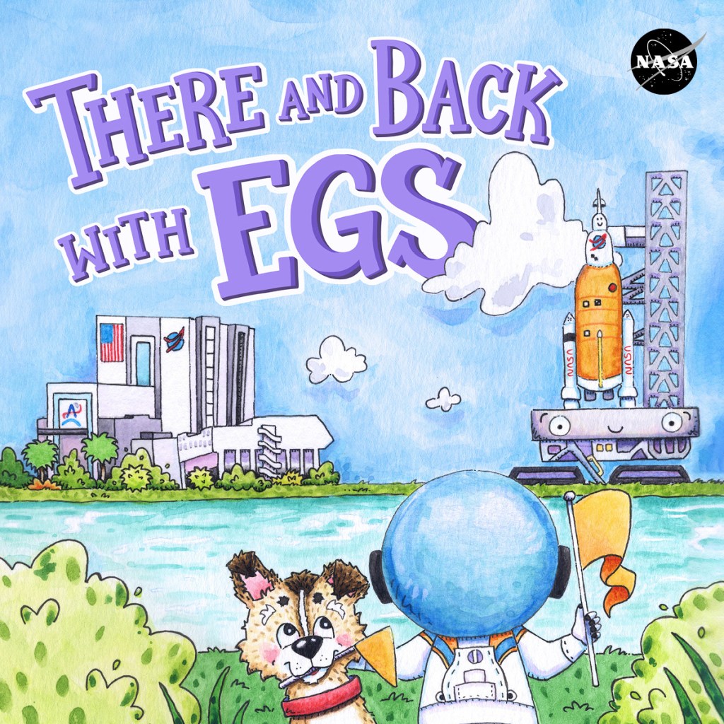 The illustrated cover of the NASA Children's book featuring the SLS rocket on the launch pad.