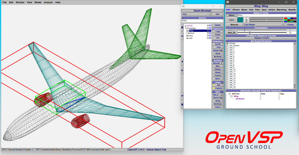 An example of the OpenVSP interface with a transport aircraft model wireframe.