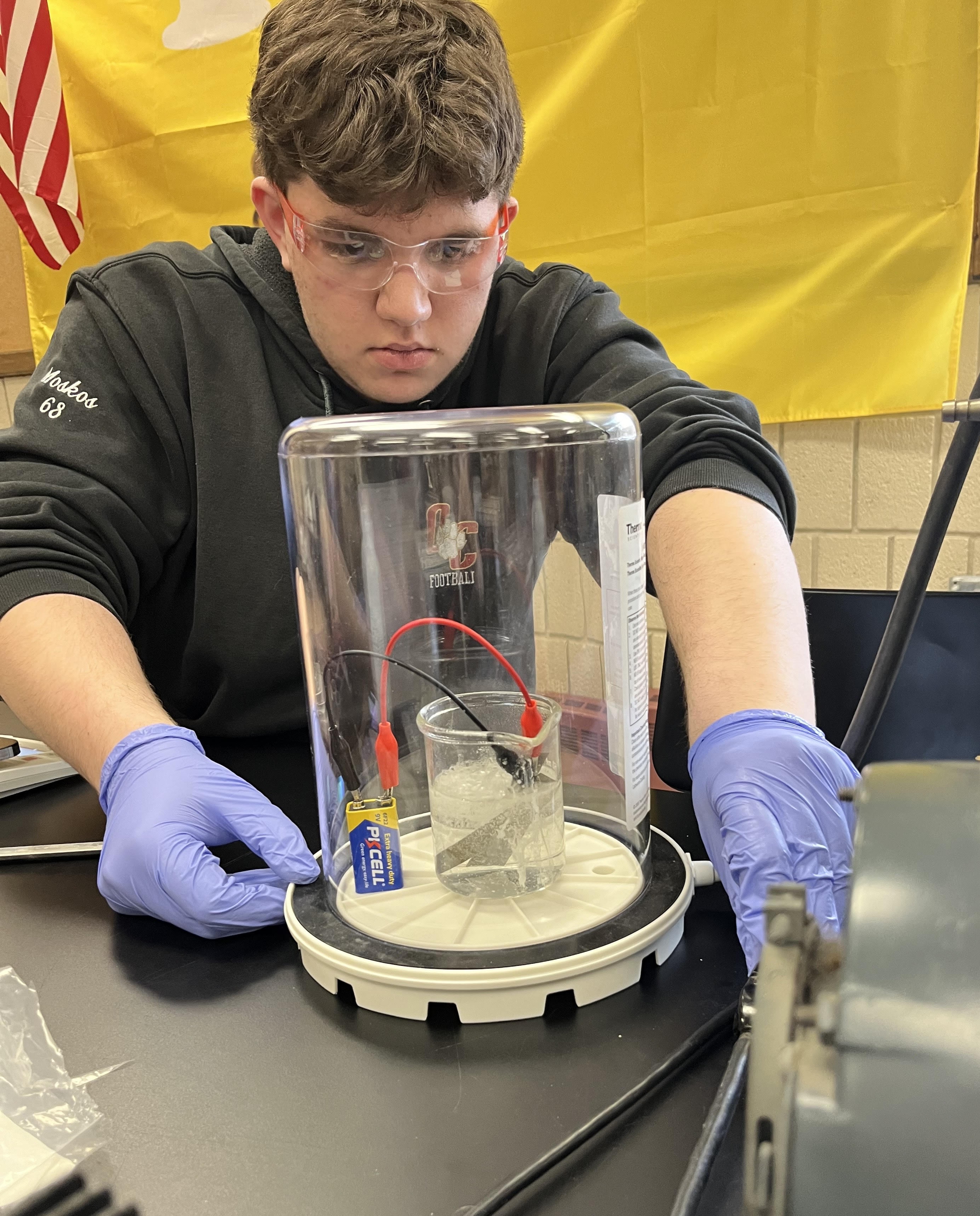 A student wearing purple gloves looks at an experiment housed in a clear cylindrical container.