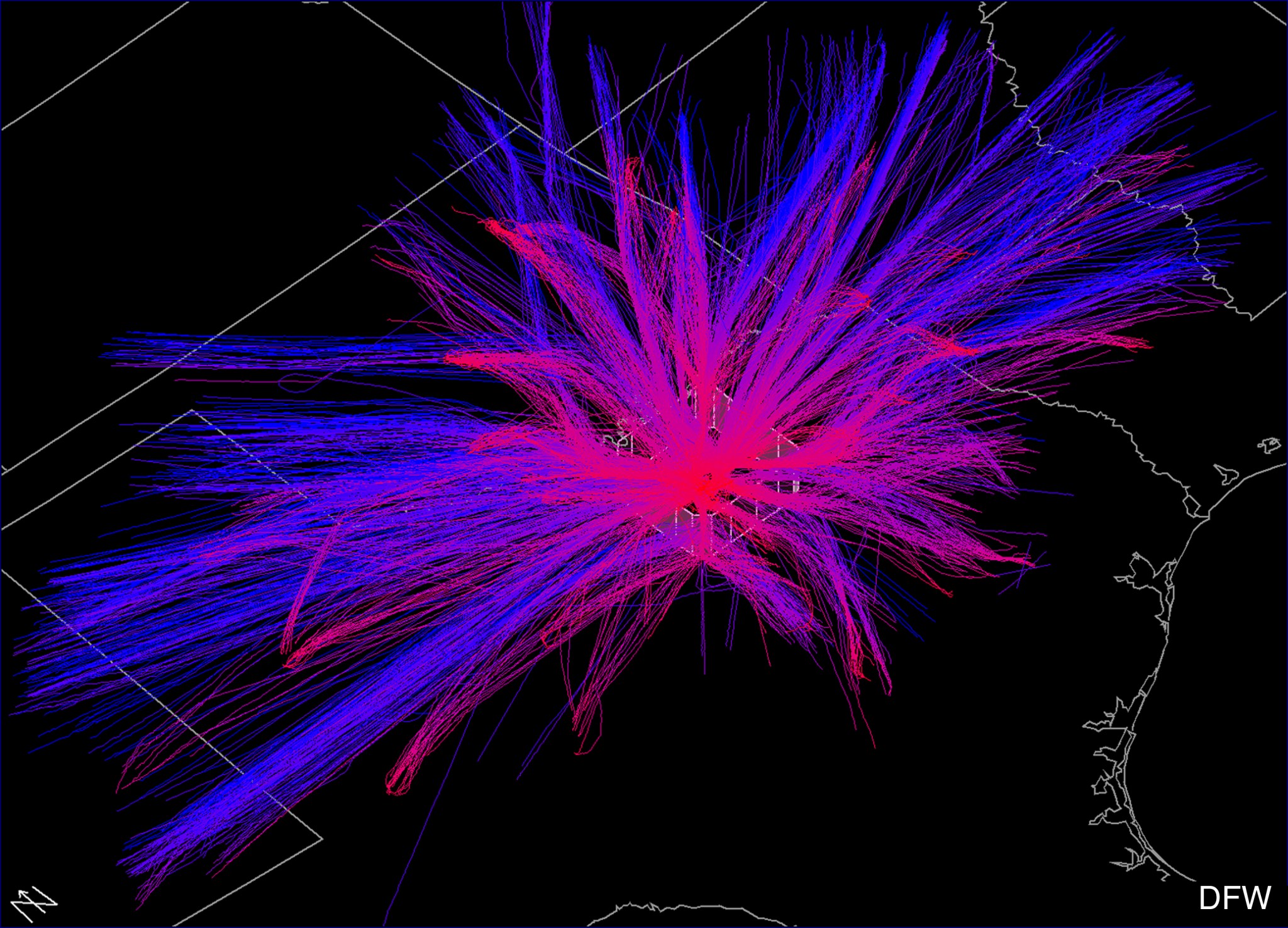 Screenshot of NASA Ames Research Center's Performance Data Analysis and Reporting System (PDARS) analyzing flight in and out of Dallas-Fort Worth International Airport.