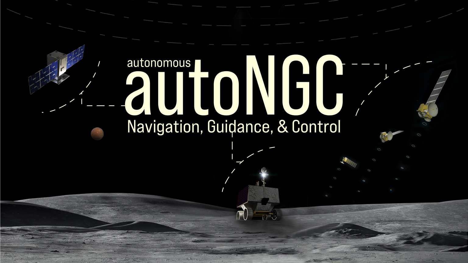 The text "autonomous Navigation, Guidance, & Control: autoNGC" appears on a black sky field above an artist's rendering of the Moon's surface. A lunar rover travels over the field's service, while four relay satellites appear in the background with visual representations of radio signals. Mars is visible in the far distance.