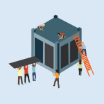 A bunch of miniature people around a CubeSat