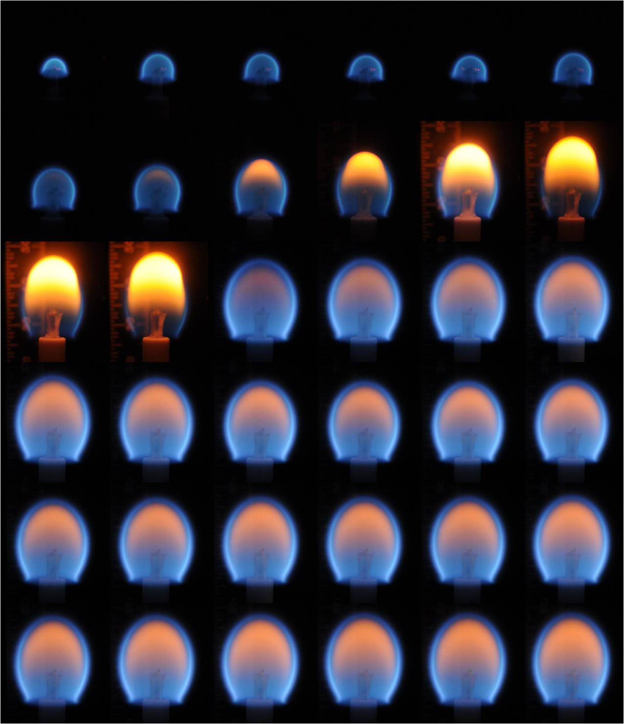 A composite image that shows the progression of a flame as is burns in microgravity. Numerous images are placed side-by-side and show the flame in different forms.