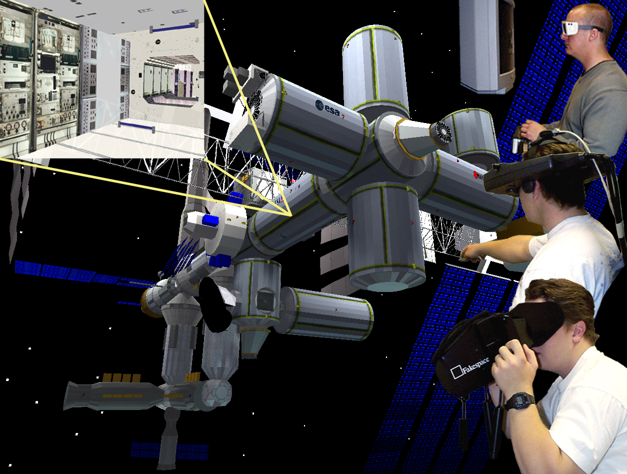 Research subjects using Virtual Reality (VR) goggles to study Space Perception in Virtual Environments at NASA Ames Research Center's Advanced Controls and Displays (ACD) Lab.
