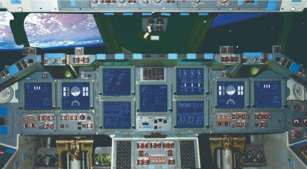 Illustration of upgraded Space Shuttle Cockpit Displays designed by researchers in the Human Systems Integration Division at NASA Ames Research Center.