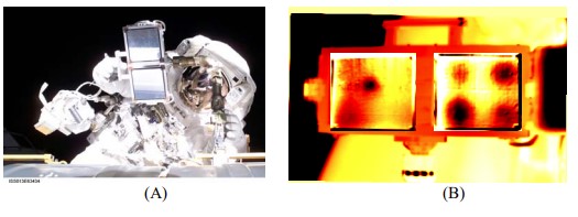 Astronaut Thomas Reiter prepares the Test Article Assembly for data acquisition. (B) Processed thermal images of acquired data.