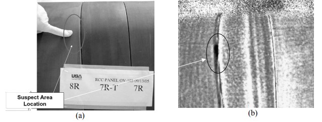 Typical results of the thermal inspections performed on Discovery. (a) Shows a photograph of the inspection area with a suspect location indicated. (b) PCA processed thermal image of the same area also showing the suspect damage region.